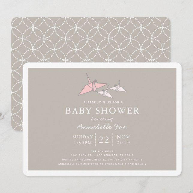 Inbjudan till Origami Papper Twin Cranes Baby Show (Fram/baksida)