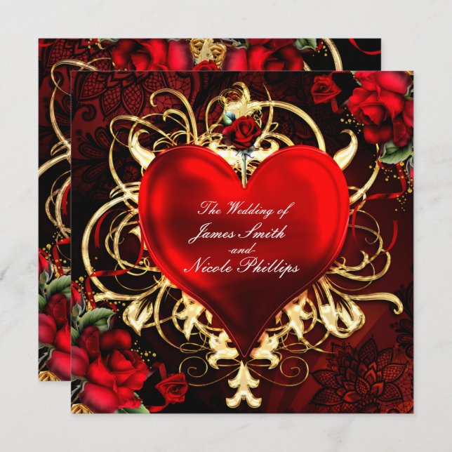 Inbjudan till Ornamental Blommigt Heart Black Red  (Fram/baksida)