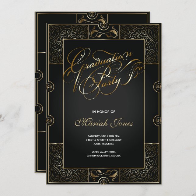 Inbjudan till Ornate Black/Guld Art Deco STUDENTEN (Fram/baksida)