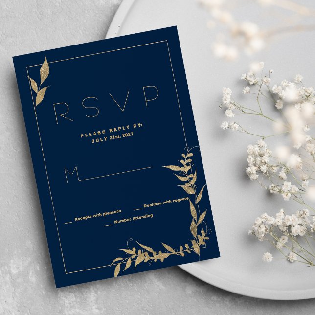 Inbjudan till OSA av lyxflottan i guld (Luxury navy blue gold foliage RSVP)