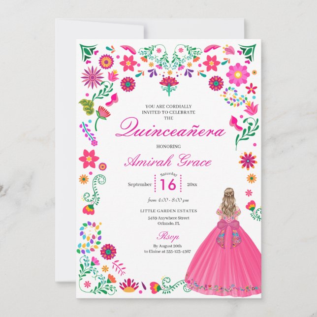 Inbjudan till Otomi Mexikanska Embroidery Quinceañ (Framsida)