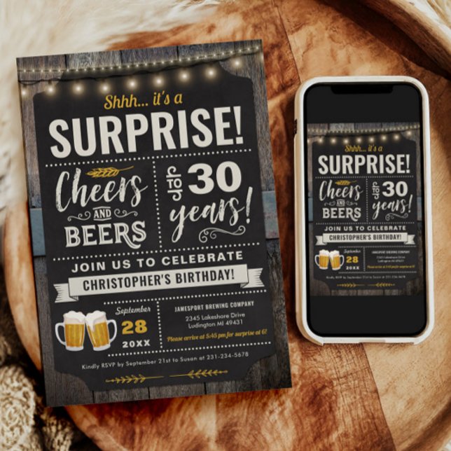 Inbjudan till överraskande Cheers och Öl 30års föd (Surprise Cheers and Beers 30th Birthday Invitation)