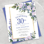 Inbjudan till överraskningspartiet för 30års födel<br><div class="desc">Hära en speciell kvinna med denna elegant och en feminin inbjudan till 30års födelsedag-överraskningspartiet. Överraskning och 30:e är skrivna i stor blå text. Födelsedagens firande följer. Gästgästens namn ligger också i blå huvudstad brev. Information om födelsedagsfirandet omges av en chic guld ram. Blåa blommor och vit ros är inkapslade i...</div>