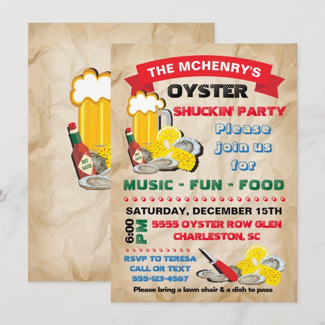 Inbjudan till Oyster Shucking Party Party (Fram/baksida)