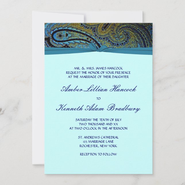Inbjudan till pacock Paisley Teal Blue Wedding (Framsida)