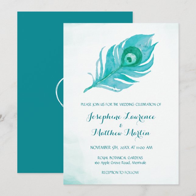 Inbjudan till pacock Plume Monogram Wedding (Fram/baksida)