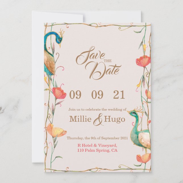 Inbjudan till pacock Theme Wedding (Framsida)