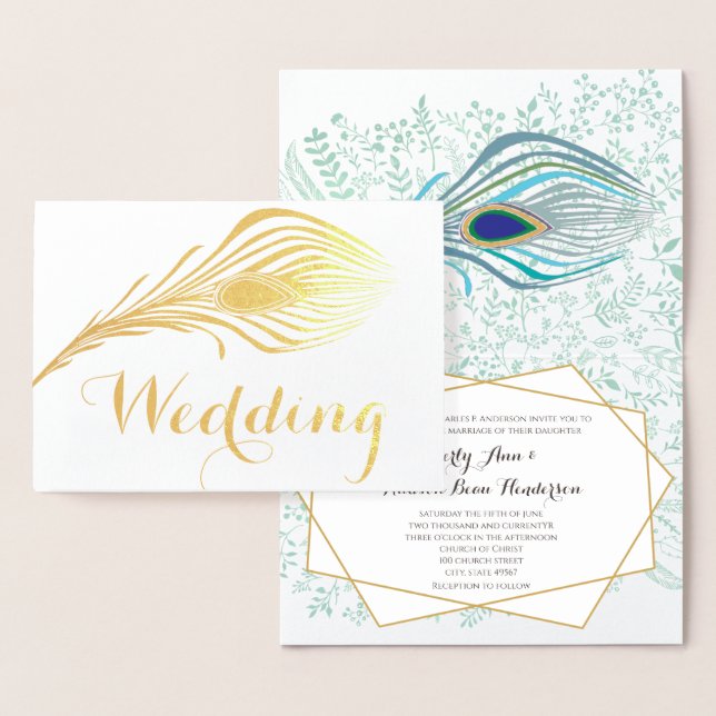 Inbjudan till pacock Typography Silver Foil Weddin Folierat Kort (Display)