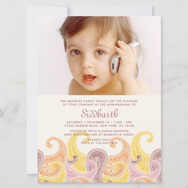 Inbjudan till Paisley Annaprashan XL (första Riset (Framsida)