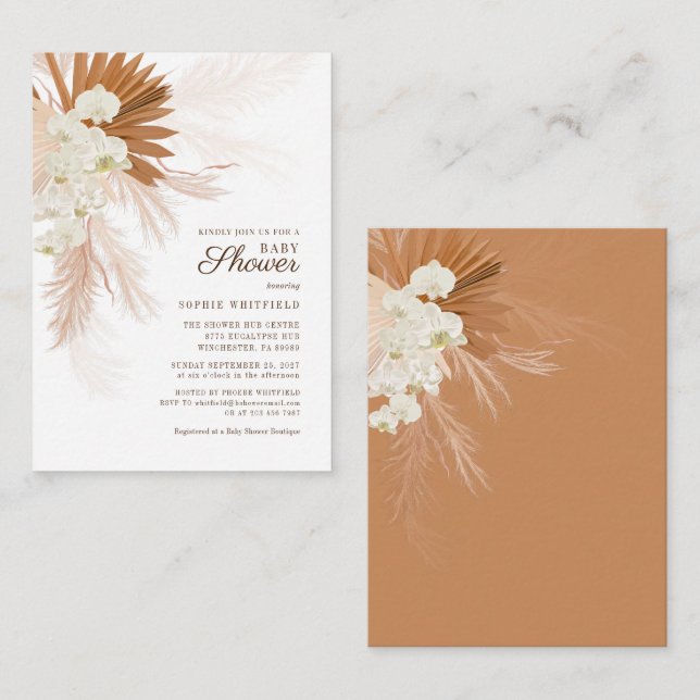 Inbjudan till Pampas Grass Baby Shower för budgetp (Fram/baksida)