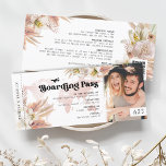 Inbjudan till Pampas Grass Boarding Pass Wedding<br><div class="desc">Modern biljett-bordningsinbjudan för bröllop med enkel vit bakgrund,  ett foto av paret,  rustiskt vattenfärgat pampas-gräs och blommigtar,  en QR-kod som du kan ta bort eller ersätta med en egen,  och en redigerbar mall som är enkel att anpassa.</div>