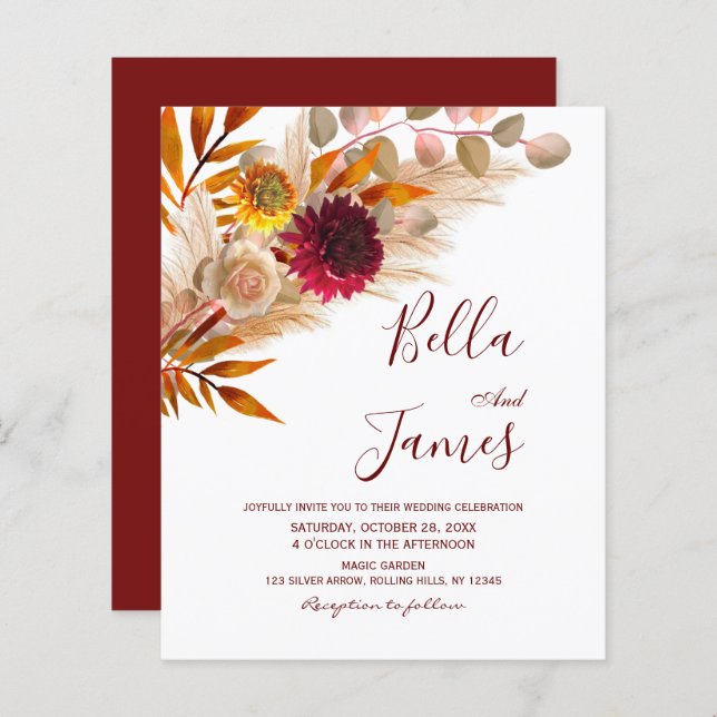 Inbjudan till pampas Grass Fall Foliage Wedding (Fram/baksida)