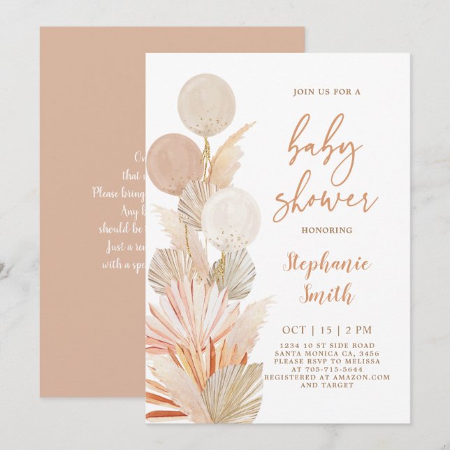  Inbjudan till Pampas Grass och ballonger Baby Sho (Fram/baksida)