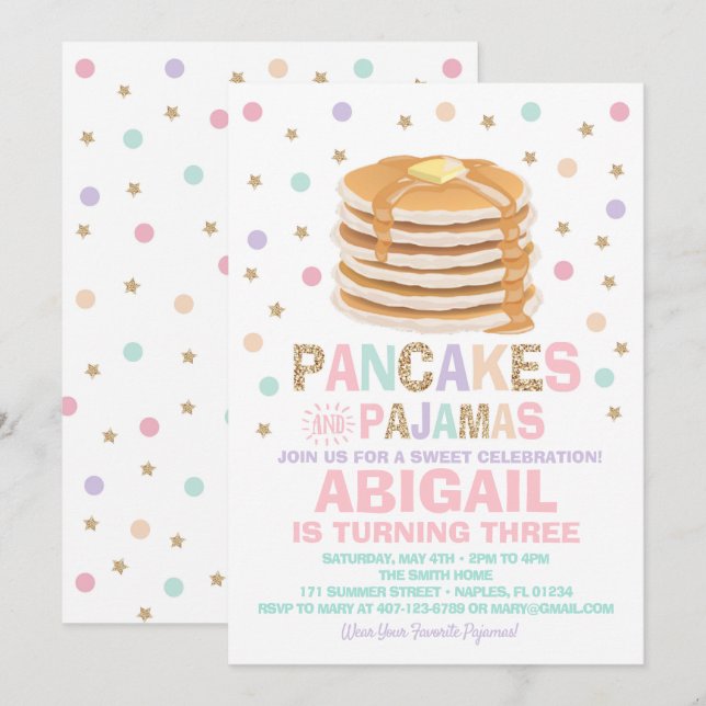Inbjudan till pancakes och Pajamas-födelsedag (Fram/baksida)