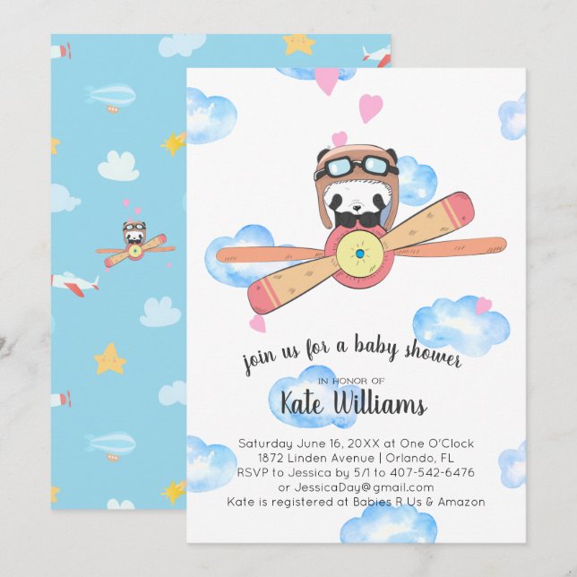 Inbjudan till Panda Pilot Baby Shower (Fram/baksida)