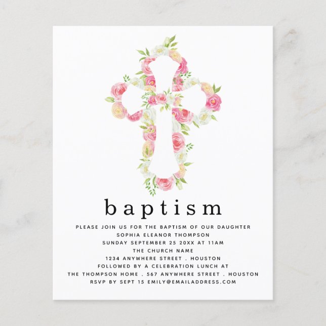 Inbjudan till papper Rosa Blommigt Kor Baptism Flygblad (Framsidan)