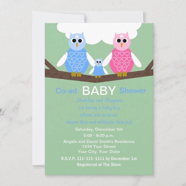 Inbjudan till par Coed Boy Baby Shower Uggla (Framsida)