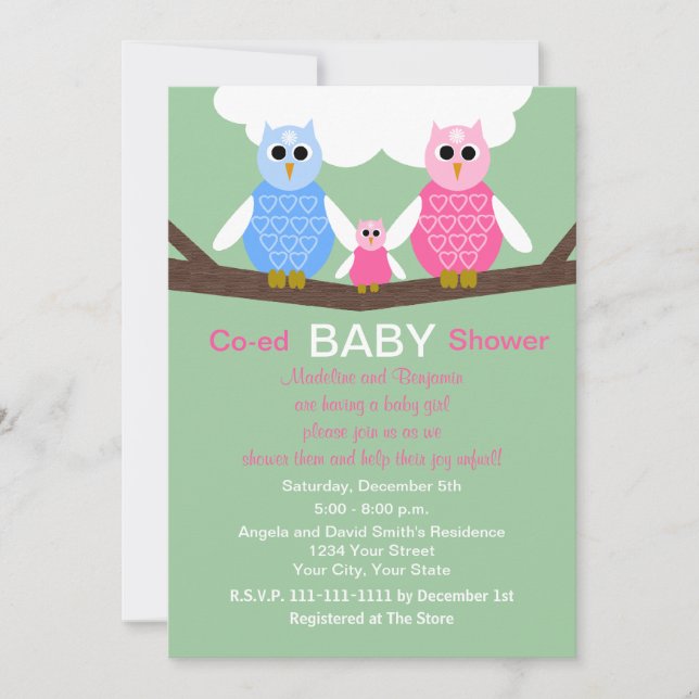 Inbjudan till par Coed Girl Baby Shower Uggla (Framsida)