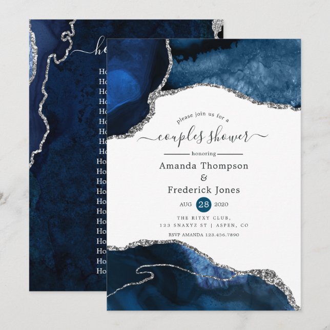 Inbjudan till Par-dusch för marin och Silver-agate (Fram/baksida)