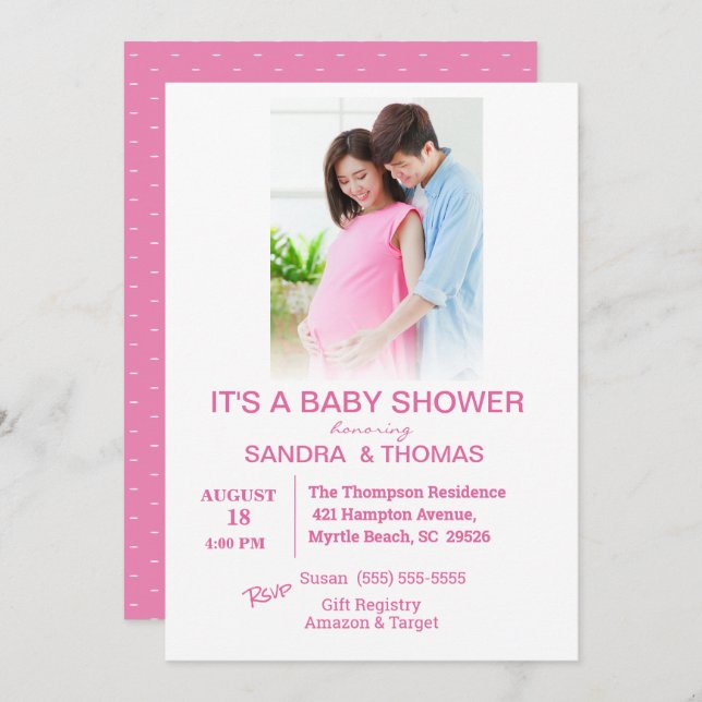 Inbjudan till par Photo Rosa Baby Shower (Fram/baksida)