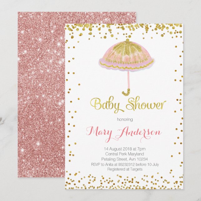Inbjudan till paraply Baby Shower Guld Glitter (Fram/baksida)