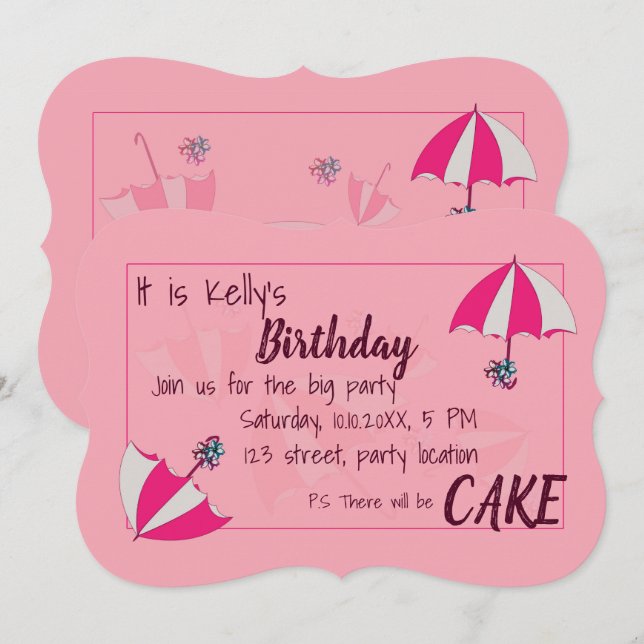Inbjudan till paraplyer Rosa Birthday (Fram/baksida)