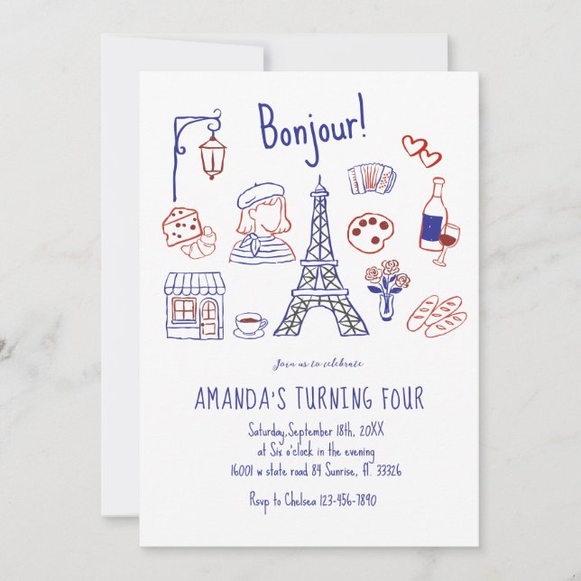 Inbjudan till Paris Eiffel Birthday Hand plockade (Framsida)