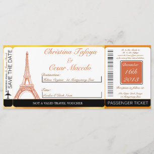 Inbjudan till Paris Peach Boarding Pass Wedding