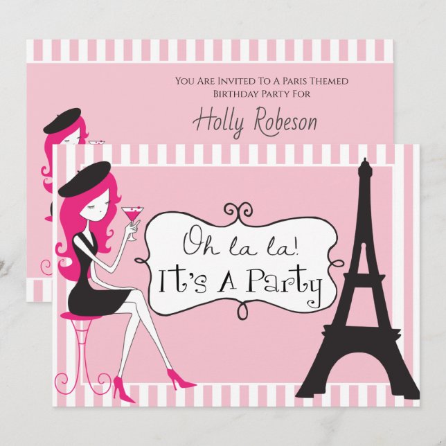 Inbjudan till Paris-temat på födelsedagen (Fram/baksida)