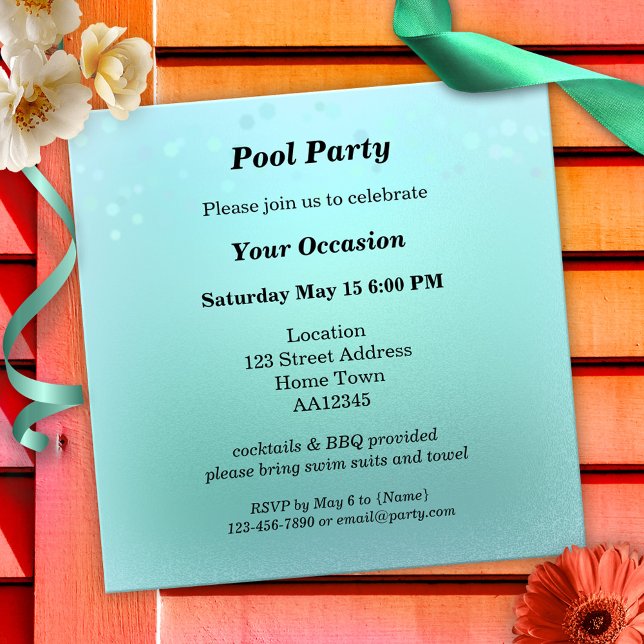 Inbjudan till partiet Aqua Teal Sparkling Bassäng (Elegant invitation in aqua teal and marine blue with sparkling lights or bokeh - summer pool party)