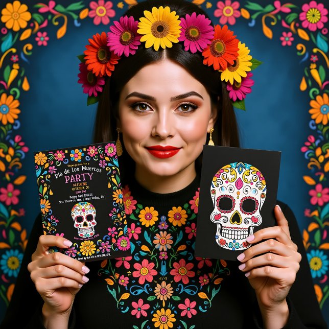 💀 inbjudan till partiet Colorful Día de Muertos (💀🎉 Colorful Día de Muertos Party Invitation, custom text)