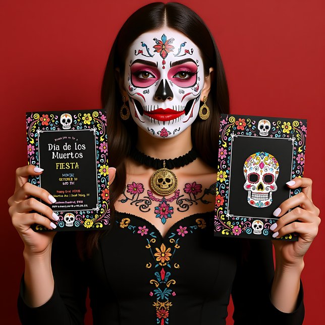 💀 inbjudan till partiet Colorful Día de Muertos (💀🎉 Colorful Día de Muertos Party Invitation - front and back)