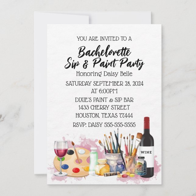 Inbjudan till partiet Paint & Sip Bachelorette (Framsida)