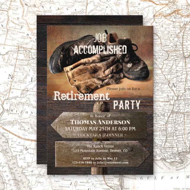 Inbjudan till partiet Rustic Boots Pension (Retirement party invitation featuring old boots and gloves on a rustic weathered wood background.)