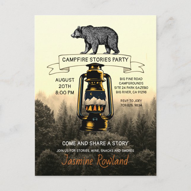 Inbjudan till partiet Rustic Woodland Bear Campfir (Framsida)