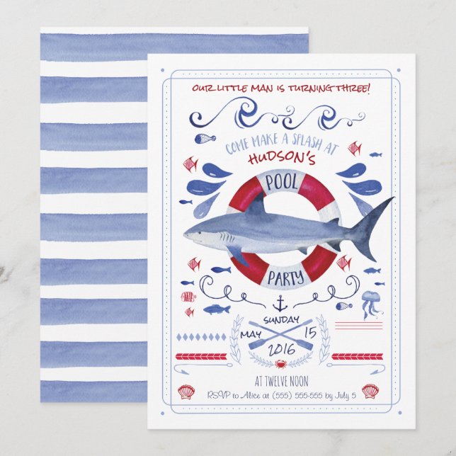 Inbjudan till partiet Shark Birthday Bassäng (Fram/baksida)