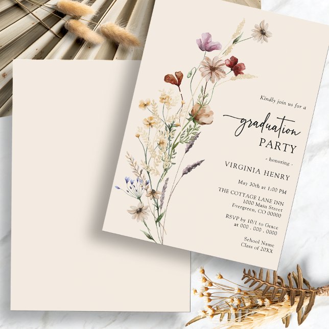 Inbjudan till partiet Studenten Boho (Boho Wildflower Graduation Party Invitation by Painted Paperie
)