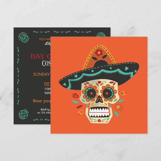 Inbjudan till partiet Sugar Skull Dia de Muertos (Fram/baksida)