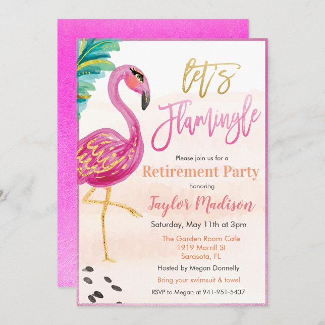 Inbjudan till partiet Watercolor Flamingo Pension (Fram/baksida)