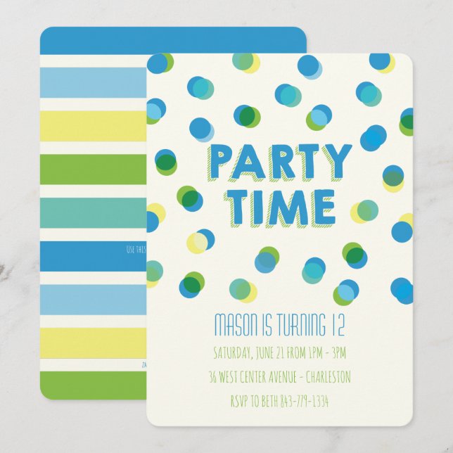 Inbjudan till Party Dots Barns födelsedag (Fram/baksida)