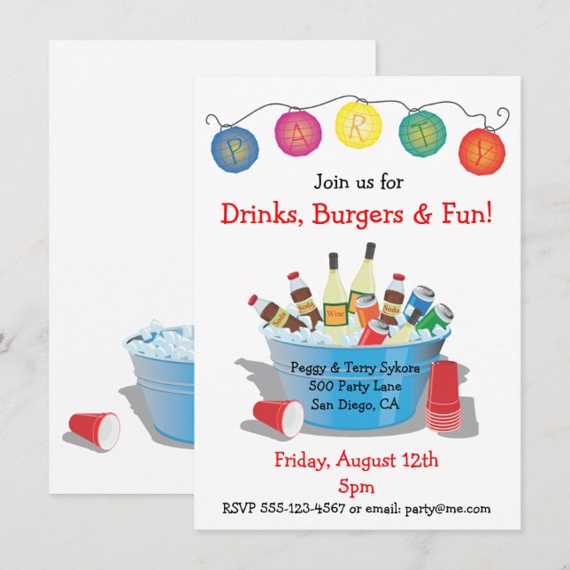 Inbjudan till party-drycker med vin, läsk och öl (Fram/baksida)