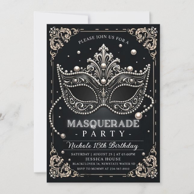 Inbjudan till Party i Masquuppad Black White Birth (Framsida)