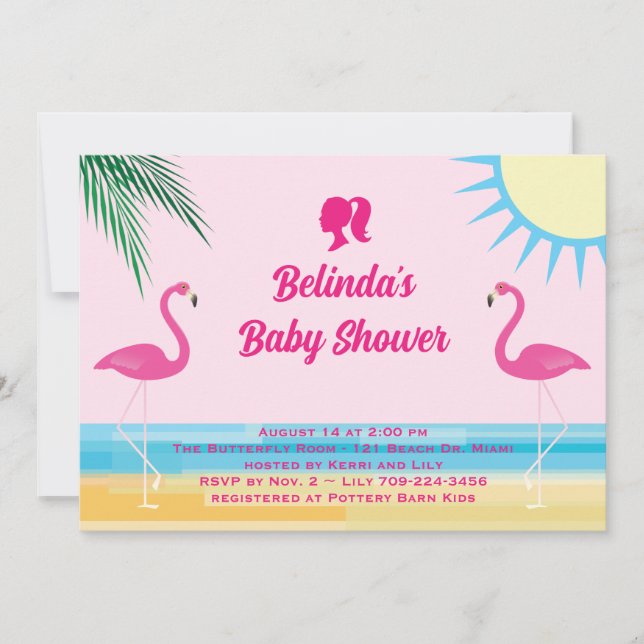 Inbjudan till party Tropical Beach Baby Shower Ros (Framsida)