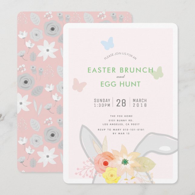 Inbjudan till påsk Brunch och Egg Hunt Bunny Öron (Fram/baksida)