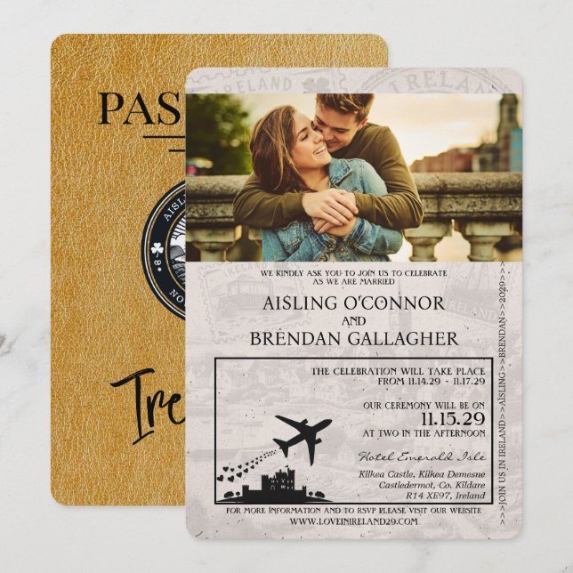 Inbjudan till passbröllop i Guld Ireland (Fram/baksida)