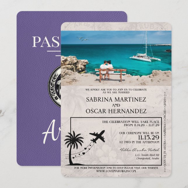 Inbjudan till passbröllop på Lilac Lila Aruba-pass (Fram/baksida)