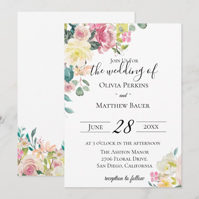 Inbjudan till Pastel Blommigt Garden Wedding (Fram/baksida)