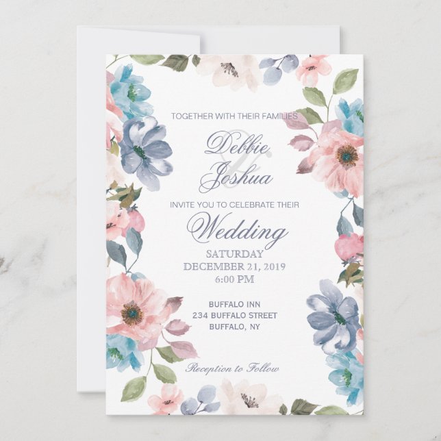 Inbjudan till Pastel Blue Rosa Lila Flower Wedding (Framsida)
