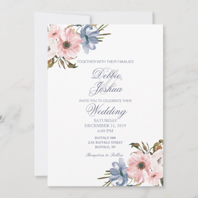 Inbjudan till Pastel Blue Rosa Lila Flower Wedding (Framsida)
