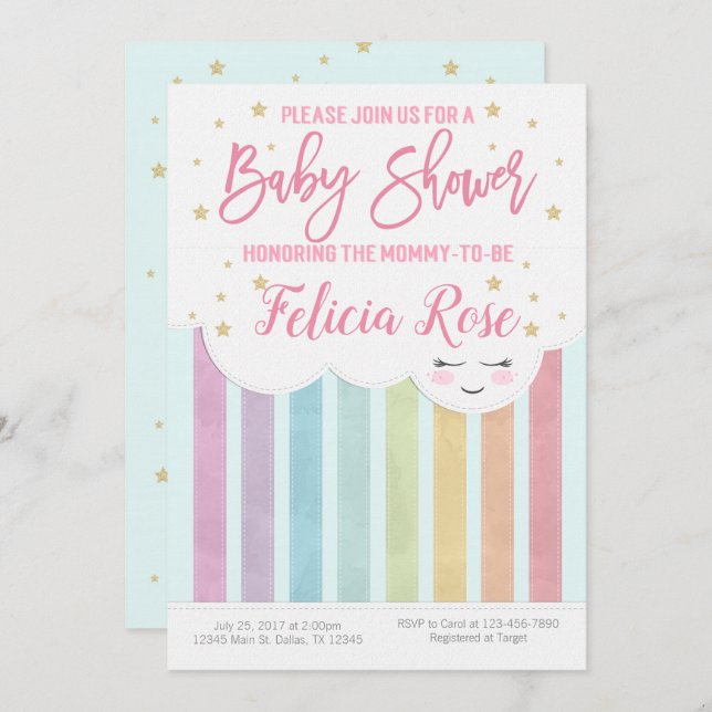 Inbjudan till pastel Rainbow Baby Shower Inbjudan (Fram/baksida)